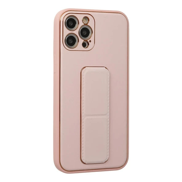 İphone 12 Pro Kılıf Coco Deri Standlı Kapak - Pembe - Resim 2