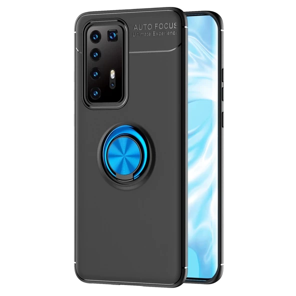Huawei P40 Pro Kılıf Range Yüzüklü Silikon - Siyah-Mavi ürün görseli 1