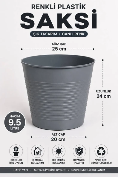 Büyük Boy Plastik Saksı Koyu Gri Renk – Hafif, Dayanıklı ve Dekoratif Saksı 9,5 Litre / 15 Pot Üretim Saksı Set ürün görseli 1