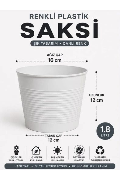 Beyaz Plastik Saksı 1.8 Litre Tabaksız Dekoratif Çiçek Saksısı İç ve Dış Mekan Kullanımı ürün görseli 1