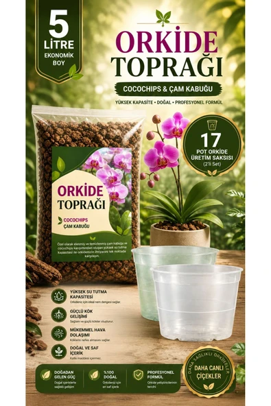 2 ADET 17 Pot Orkide Üretim Saksısı ve 5 litre Orkide Bitki Toprağı ürün görseli 1