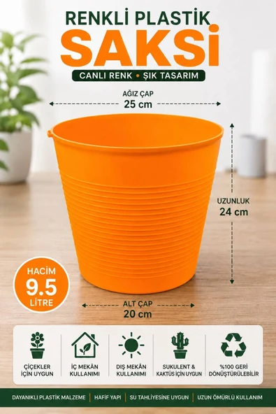 Iç Mekan & Dış Mekan Plastik Saksı 9,5 Litre Turuncu (Tabaksız) /15 Pot Üretim Saksı Set – Dekoratif Bitki ve Çiçek Saksısı ürün görseli 1