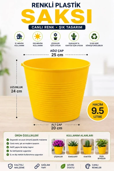 Renkli Plastik Saksı – 9.5 Litre Büyük Boy Çiçek Saksısı Sarı( Tabaksız )| Iç ve Dış Mekan Saksı / 15 Pot Üretim Saksısı Set ürün görseli 1