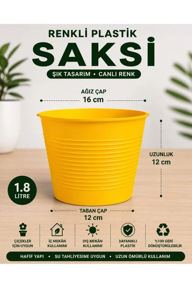 1.8 Litre Sarı Plastik Saksı | Dayanıklı Dekoratif Yuvarlak Çiçek Saksısı | Tabaksız | İç ve Dış Mekan Kullanımı ürün görseli 1