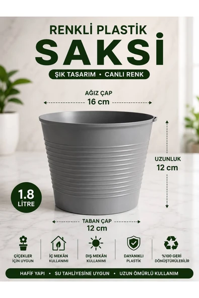 Gri Saksı Seti | 1.8 Litre Tabaksız Plastik Saksı + 15 Pot Gri Üretim Saksısı | Dekoratif Çiçek ve Bitki Saksısı ürün görseli 1