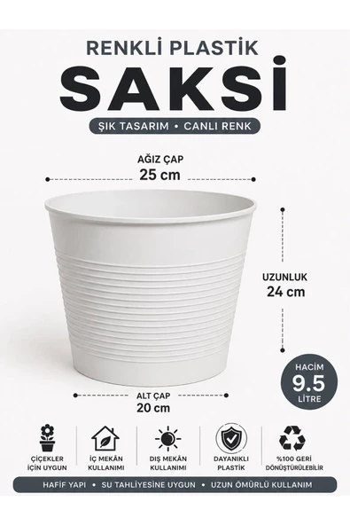 15 Pot Üretim Saksı Set / Beyaz Renkli Plastik Saksı 9,5 Litre – Modern Tasarımlı Bahçe ve Ev Saksısı ürün görseli 1