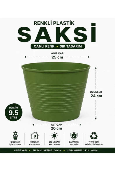 Dekoratif Plastik Saksı Yeşil Tabaksız – Dayanıklı Renkli Çiçek Saksısı 9.5 Litre / 15 Pot Üretim Saksı Set ürün görseli 1