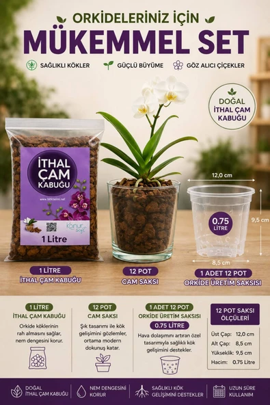 1 Litre İthal Çam Kabuğu + 1 Adet 12 Pot Cam Saksı + 0.75 Litre Orkide Üretim Saksısı, Orkide Seti ürün görseli 1