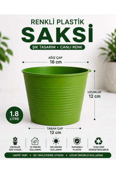 Yeşil Plastik Saksı 1.8 Litre | Tabaksız Saksı | Dayanıklı Dekoratif Çiçek ve Bitki Saksısı | Ev Balkon Bahçe | 15 Pot Saksı Set ürün görseli 1