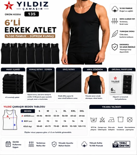 Yıldız Çamaşır Erkek Süprem Askılı Atlet (00-135-136) - 6 Adet  XL Siyah ürün görseli 1