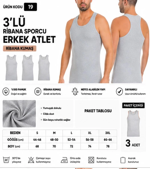 Yıldız Çamaşır Erkek Ribana Sporcu %100 Pamuk Atlet (15-17-19) - 3 Adet  XL Gri ürün görseli 1