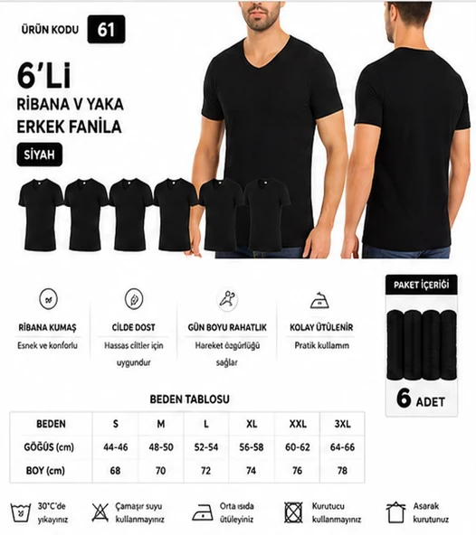 Yıldız Çamaşır Erkek Ribana V Yaka %100 Pamuk Body Fanila Atlet (60-61-62) - 6 Adet  XL Siyah ürün görseli 1