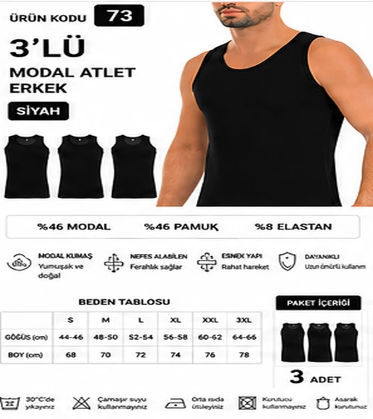 Yıldız Çamaşır Erkek Modal Likralı Askılı Atlet (70-71-72-73-74) - 3 Adet  Siyah S ürün görseli 1