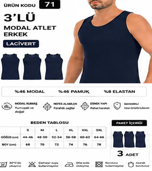 Yıldız Çamaşır Erkek Modal Likralı Askılı Atlet (70-71-72-73-74) - 3 Adet  M Lacivert ürün görseli 1