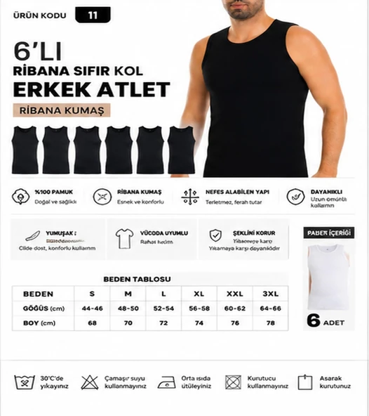 Yıldız Çamaşır Erkek Ribana Sıfır Kol Bisiklet Yaka %100 Pamuk Fanila Atlet (10-11-14) - 6 Adet  Siyah L ürün görseli 1