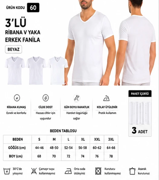Yıldız Çamaşır Erkek Ribana V Yaka %100 Pamuk Body Fanila Atlet (60-61-62) - 3 Adet  Beyaz 2XL ürün görseli 1