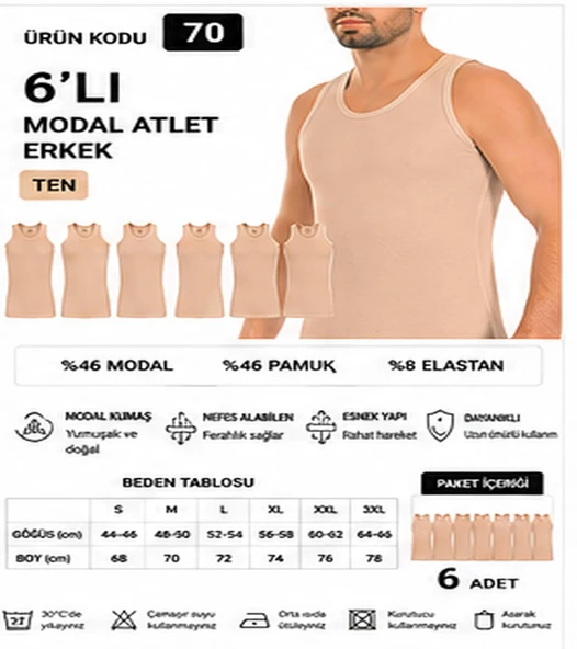 Yıldız Çamaşır Erkek Modal Likralı Askılı Atlet (70-71-72-73-74) - 6 Adet  M Ten ürün görseli 1