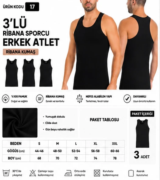 Yıldız Çamaşır Erkek Ribana Sporcu %100 Pamuk Atlet (15-17-19) - 3 Adet  Siyah S ürün görseli 1