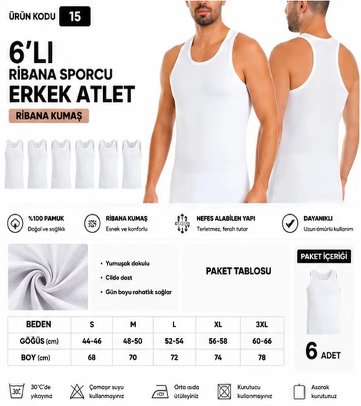 Yıldız Çamaşır Erkek Ribana Sporcu %100 Pamuk Atlet (15-17-19) - 6 Adet  Beyaz S ürün görseli 1