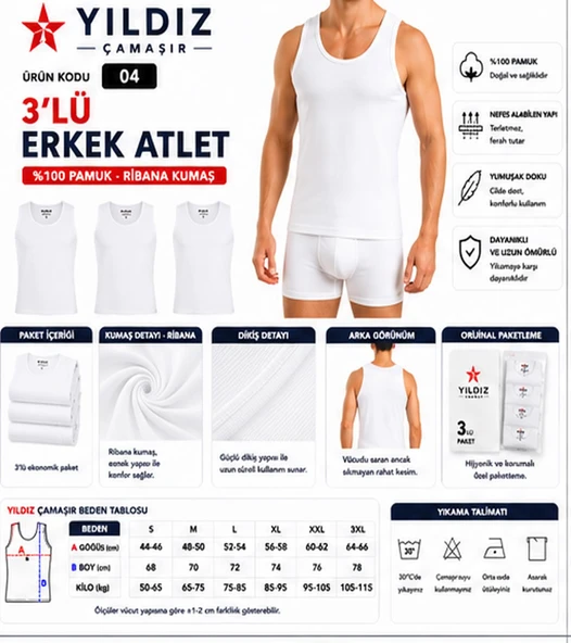 Yıldız Çamaşır Erkek Ribana Askılı Atlet (04-18-21) - 3 Adet  Beyaz M ürün görseli 1