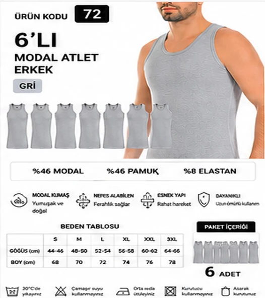 Yıldız Çamaşır Erkek Modal Likralı Askılı Atlet (70-71-72-73-74) - 6 Adet  Gri 3XL ürün görseli 1