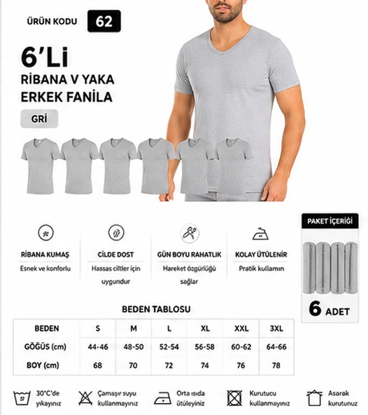 Yıldız Çamaşır Erkek Ribana V Yaka %100 Pamuk Body Fanila Atlet (60-61-62) - 6 Adet  Gri S ürün görseli 1