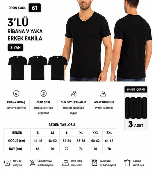 Yıldız Çamaşır Erkek Ribana V Yaka %100 Pamuk Body Fanila Atlet (60-61-62) - 3 Adet  Siyah 2XL ürün görseli 1