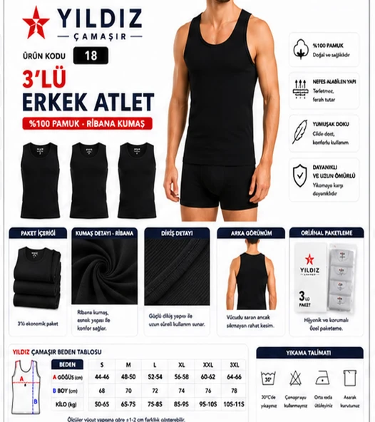 Yıldız Çamaşır Erkek Ribana Askılı Atlet (04-18-21) - 3 Adet  Siyah 3XL ürün görseli 1