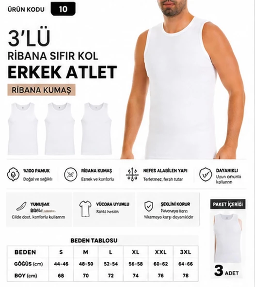 Yıldız Çamaşır Erkek Ribana Sıfır Kol Bisiklet Yaka %100 Pamuk Fanila Atlet (10-11-14) - 3 Adet  Beyaz M ürün görseli 1