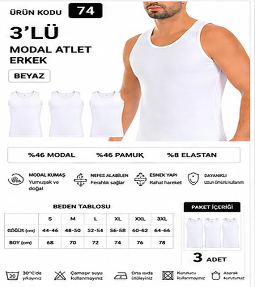 Yıldız Çamaşır Erkek Modal Likralı Askılı Atlet (70-71-72-73-74) - 3 Adet  Beyaz XL ürün görseli 1