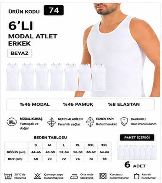 Yıldız Çamaşır Erkek Modal Likralı Askılı Atlet (70-71-72-73-74) - 6 Adet  Beyaz 2XL ürün görseli 1