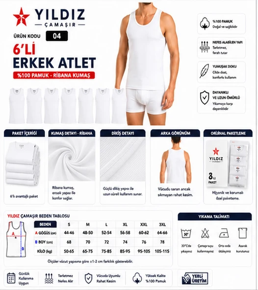 Yıldız Çamaşır Erkek Ribana Askılı Atlet (04-18-21) - 6 Adet  Beyaz XL ürün görseli 1