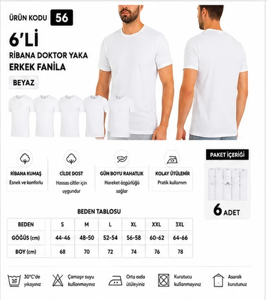 Yıldız Çamaşır Erkek Ribana Kapalı Yaka %100 Pamuk Fanila Atlet (55-56-57) - 6 Adet  Beyaz L ürün görseli 1