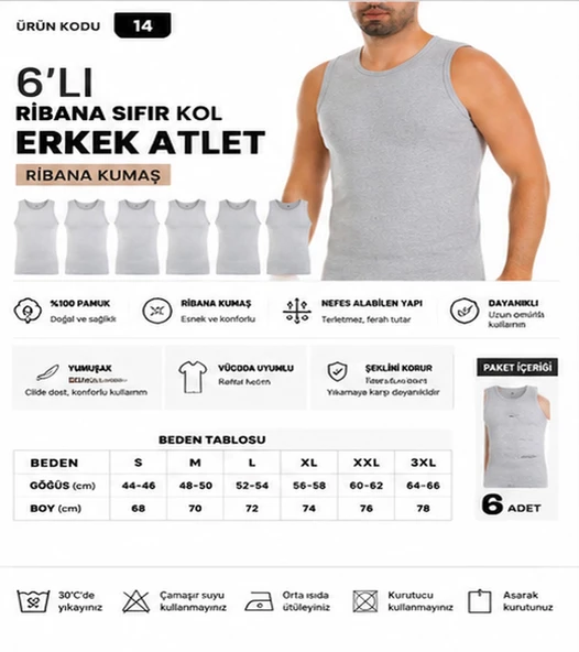 Yıldız Çamaşır Erkek Ribana Sıfır Kol Bisiklet Yaka %100 Pamuk Fanila Atlet (10-11-14) - 6 Adet  XL Gri ürün görseli 1
