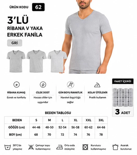Yıldız Çamaşır Erkek Ribana V Yaka %100 Pamuk Body Fanila Atlet (60-61-62) - 3 Adet  XL Gri ürün görseli 1