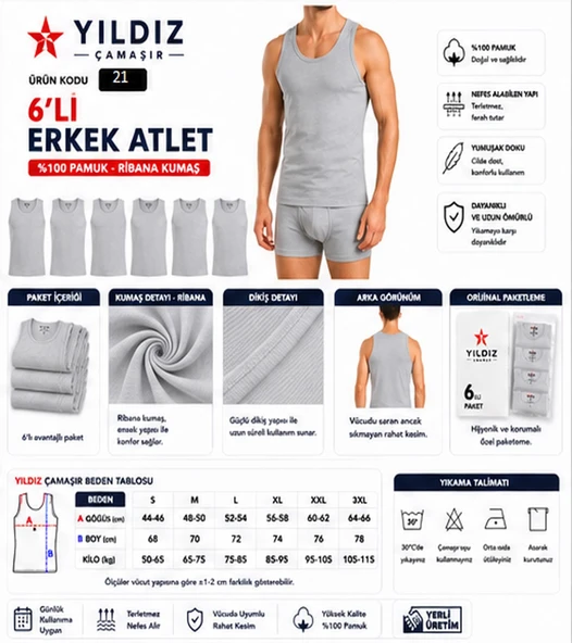 Yıldız Çamaşır Erkek Ribana Askılı Atlet (04-18-21) - 6 Adet  L Gri ürün görseli 1