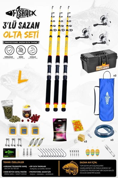 Full Set Profesyonel 3'lü Sazan Olta Seti - L - Kırılmaz Kamış - 3.30M/50GR ürün görseli 1