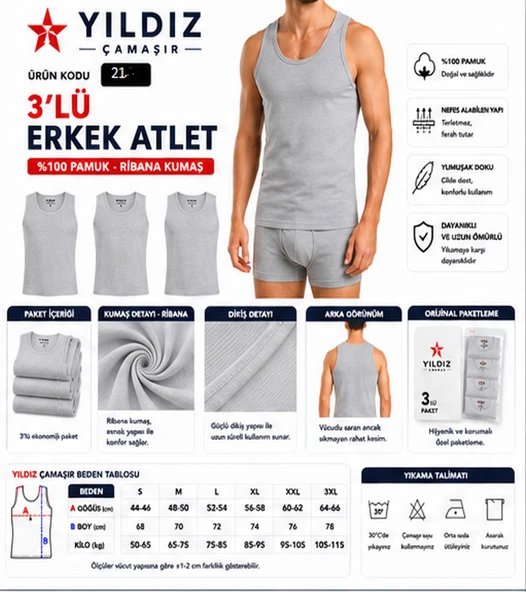 Yıldız Çamaşır Erkek Ribana Askılı Atlet (04-18-21) - 3 Adet  Gri S ürün görseli 1