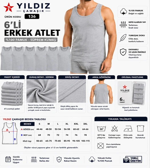 Yıldız Çamaşır Erkek Süprem Askılı Atlet (00-135-136) - 6 Adet  L Gri ürün görseli 1