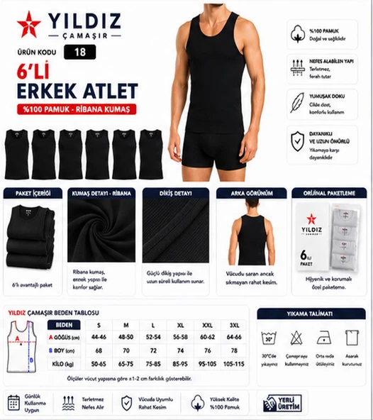 Yıldız Çamaşır Erkek Ribana Askılı Atlet (04-18-21) - 6 Adet  Siyah M ürün görseli 1