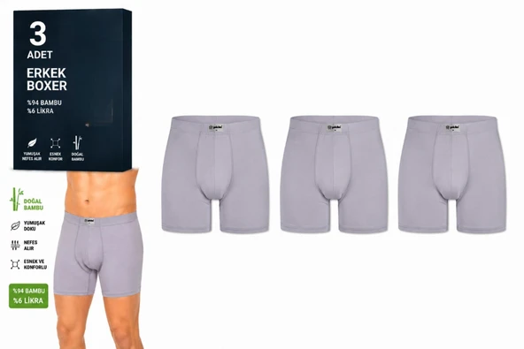Yıldız Çamaşır Erkek Bambu Likralı Boxer (320-324) - 3 Adet  XL Gri ürün görseli 1