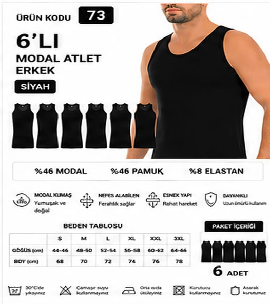 Yıldız Çamaşır Erkek Modal Likralı Askılı Atlet (70-71-72-73-74) - 6 Adet  XL Siyah ürün görseli 1