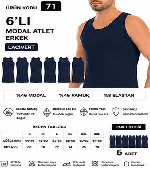 Yıldız Çamaşır Erkek Modal Likralı Askılı Atlet (70-71-72-73-74) - 6 Adet  XL Lacivert ürün görseli 1