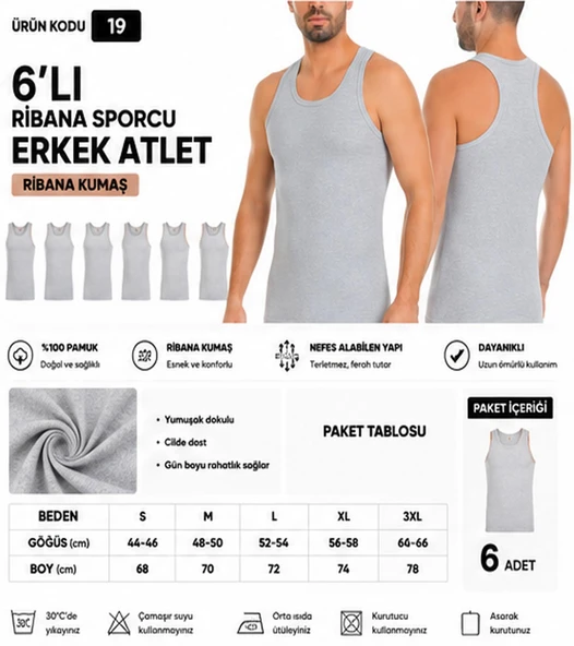 Yıldız Çamaşır Erkek Ribana Sporcu %100 Pamuk Atlet (15-17-19) - 6 Adet  L Gri ürün görseli 1