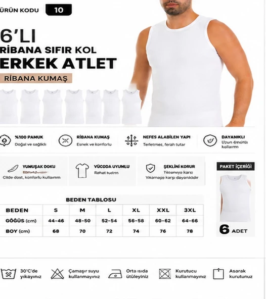 Yıldız Çamaşır Erkek Ribana Sıfır Kol Bisiklet Yaka %100 Pamuk Fanila Atlet (10-11-14) - 6 Adet  Beyaz L ürün görseli 1