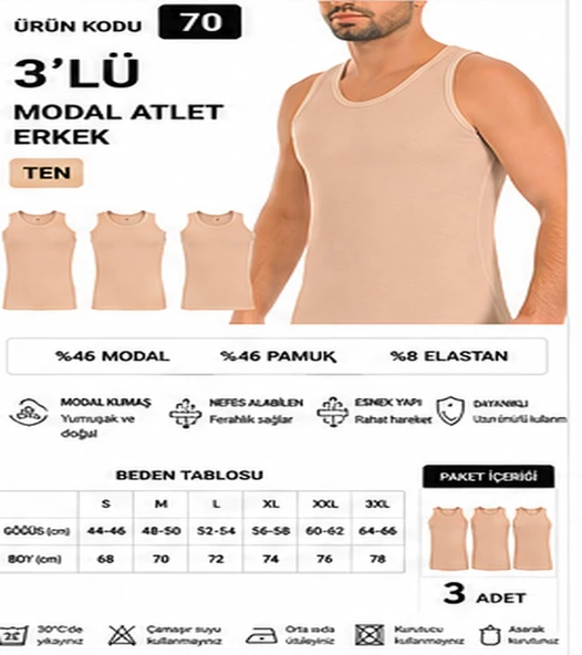Yıldız Çamaşır Erkek Modal Likralı Askılı Atlet (70-71-72-73-74) - 3 Adet  XL Ten ürün görseli 1