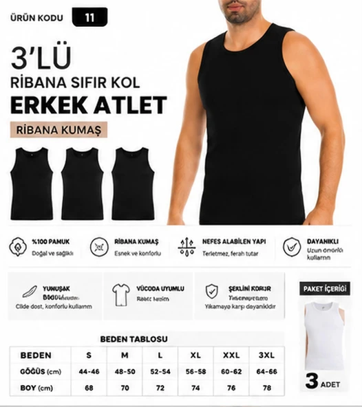 Yıldız Çamaşır Erkek Ribana Sıfır Kol Bisiklet Yaka %100 Pamuk Fanila Atlet (10-11-14) - 3 Adet  Siyah S ürün görseli 1