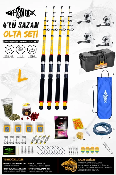 Full Set Profesyonel 4'lü Sazan Olta Seti - L - Kırılmaz Kamış - 3.30M/50-GR ürün görseli 1