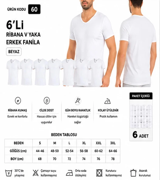 Yıldız Çamaşır Erkek Ribana V Yaka %100 Pamuk Body Fanila Atlet (60-61-62) - 6 Adet  Beyaz L ürün görseli 1