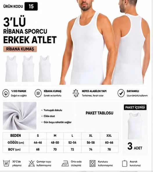 Yıldız Çamaşır Erkek Ribana Sporcu %100 Pamuk Atlet (15-17-19) - 3 Adet  Beyaz XL ürün görseli 1